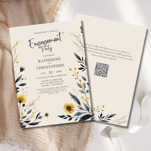 Convite Elegante Flores Selvagens Festa de noivado Beige (Elegant Wildflowers Engagement Party Invitation with Blue and Yellow Watercolor Wildflowers, QR Code)