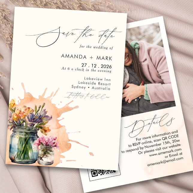 Convite Elegante Flores Selvagens Mason Jar Salve a data (Criador carregado)