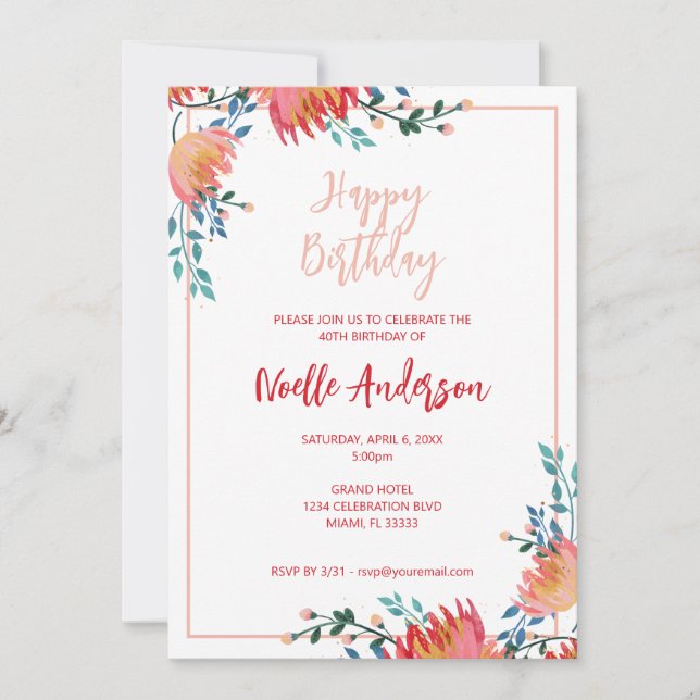 Convite Elegante, Flores Whimsical Aniversário (Frente)