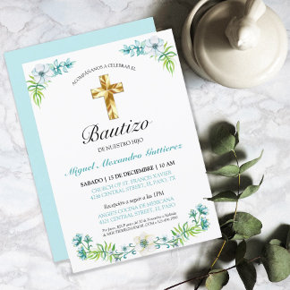 Convite Elegante Flores y Cruz Para Niño Bautizo