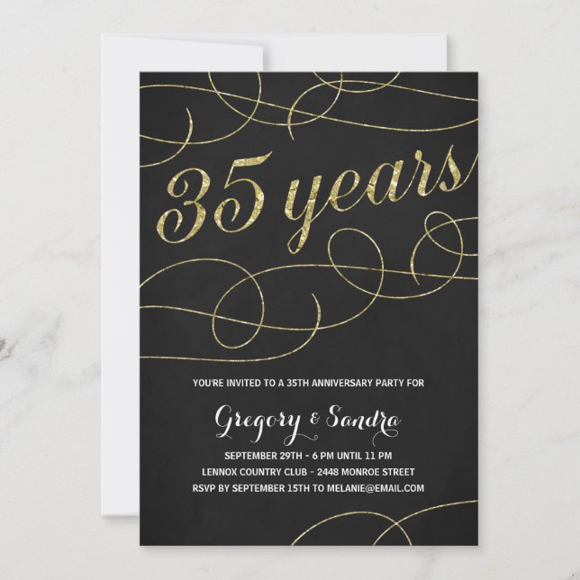 Convite Elegante Flourish | Faux Gold Foil 35.o Aniversári (Frente)