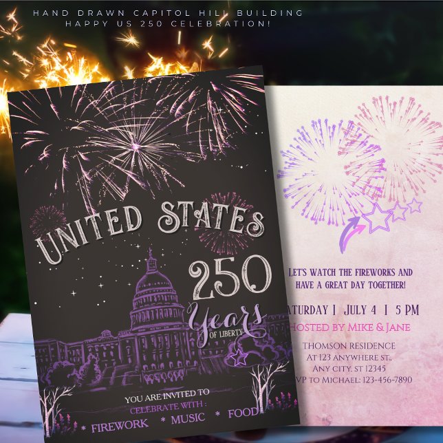 Convite Elegante Fogos de Artifício Roxos de 250 Anos dos  (Elegant US 250 Years Firework Purple Capitol Hill Invitation)