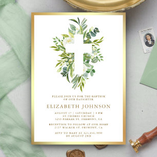 Convite Elegante Folhagem Aquarela Dourada Batismo