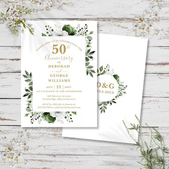 Convite Elegante Folhagem Dourada Aniversário de 50 Anos d (Elegant Gold Greenery 50th Wedding Anniversary Invitation)