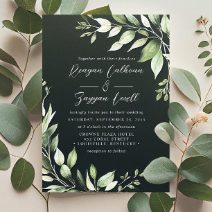 Convite Elegante Folhagem Verde Escura Folhas Script Casam