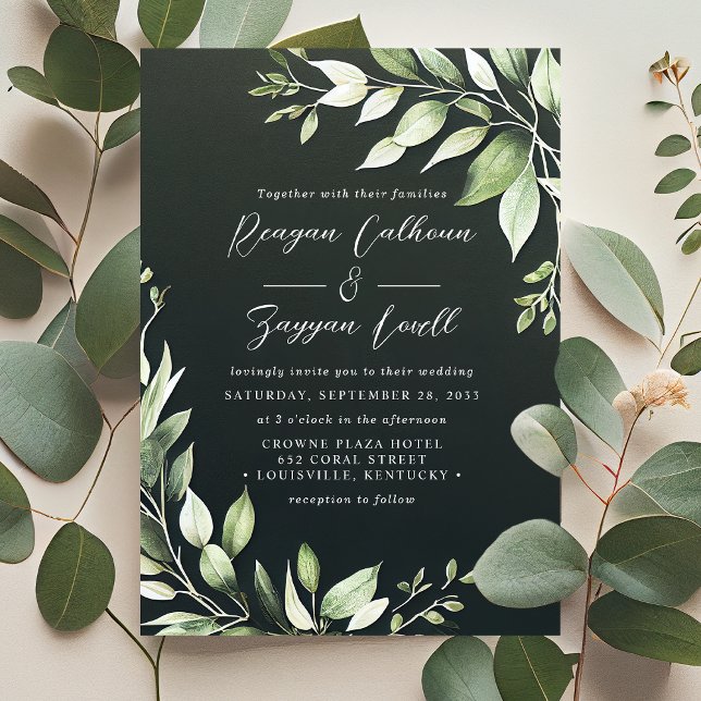 Convite Elegante Folhagem Verde Escura Folhas Script Casam (Criador carregado)