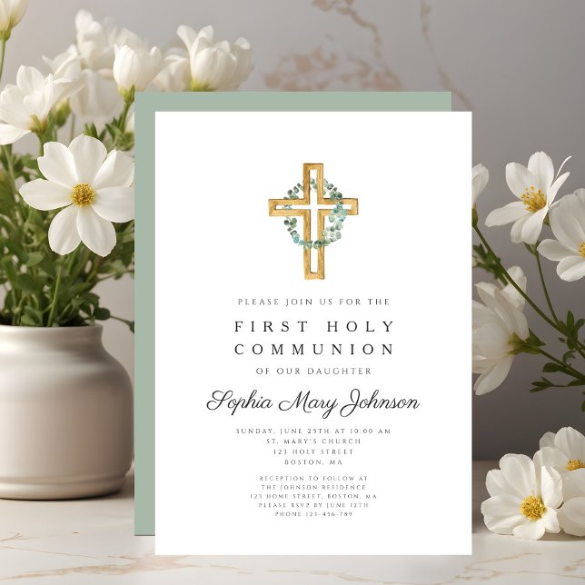 Convite Elegante Folhas Botânicas Cruzam Primeira Comunhão (Elegant Botanical Leaves Cross First Communion Invitation)
