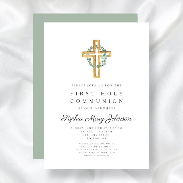 Convite Elegante Folhas Botânicas Cruzam Primeira Comunhão (Elegant Botanical Leaves Cross First Communion Invitation)