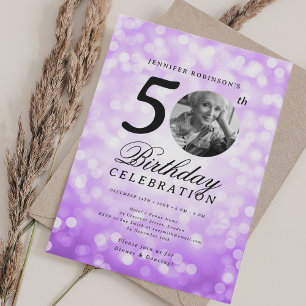 Convite Elegante Foto Aniversário de 50 anos Festa Roxo Bo