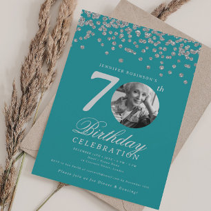 Convite Elegante Foto Aniversário de 70 anos Festa Prata T