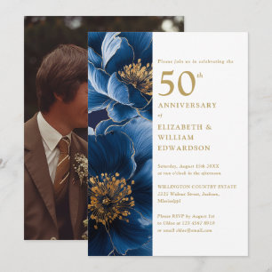 Convite Elegante Foto Azul Dourado Floral de 50º Aniversár