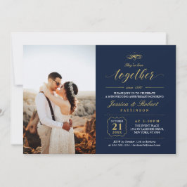 Convite Elegante Foto Bodas de Aniversário Dourado e Azul-