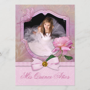 Convite Elegante Foto Borboleta Rosa Quinceanera