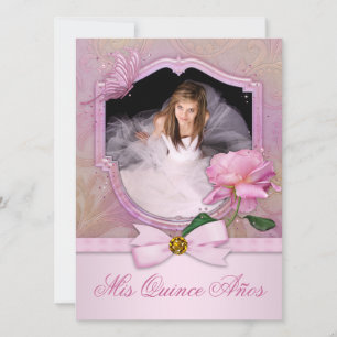 Convite Elegante Foto Borboleta Rosa Quinceanera