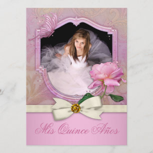 Convite Elegante Foto Borboleta Rosa Quinceanera