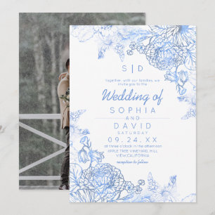 Convite Elegante Foto Botânica Azul de Casamento