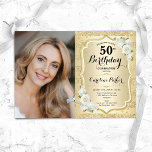Convite Elegante Foto Branca Dourada 50º Aniversário<br><div class="desc">Elegante convite floral feminino para o 50º aniversário com sua foto. Design de vidro com ouro brilhante falso. Apresenta faixas, rosas brancas, fonte de script e confetti. Perfeito para uma festa de comemoração de na moda adulto. Personalize com seus próprios detalhes. Pode ser personalizado para qualquer idade! Impressos convites Zazzle...</div>