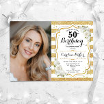 Convite Elegante Foto Branca Dourada 50º Aniversário<br><div class="desc">Elegante convite floral feminino para o 50º aniversário com sua foto. Design de branco de vidro com ouro brilhante falso. Apresenta faixas, rosas brancas, fonte de script e confetti. Perfeito para uma festa de comemoração de na moda adulto. Personalize com seus próprios detalhes. Pode ser personalizado para qualquer idade! Impressos...</div>