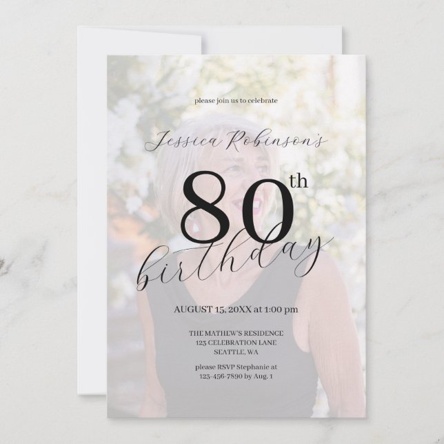 Convite Elegante Foto com Letra Preta para Oitavo Aniversá (Frente)