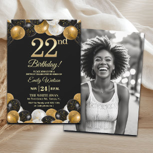 Convite Elegante Foto de Aniversário de 22 Anos com Brilho