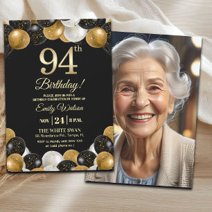 Convite Elegante Foto de Aniversário de 94 Anos com Brilho