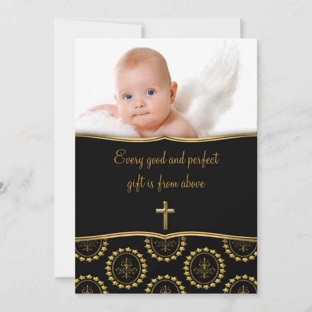 Convite Elegante Foto de Batizado de Bebê Preto e Dourado (Frente)