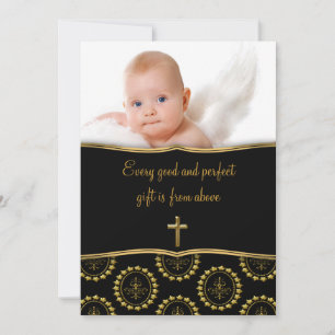 Convite Elegante Foto de Batizado de Bebê Preto e Dourado