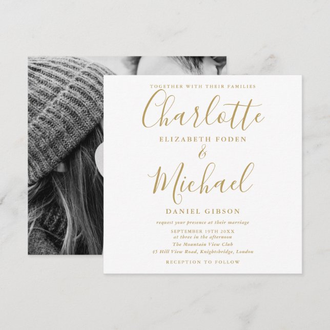 Convite Elegante foto de casamento com assinatura em scrip (Frente/Verso)
