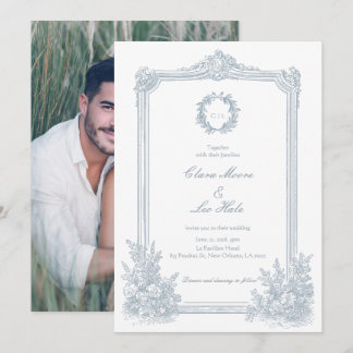 Convite Elegante Foto de Casamento com Borda Floral em Azu