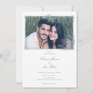 Convite Elegante Foto de Casamento com Borda Floral em Azu
