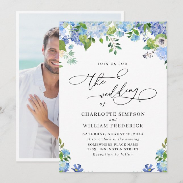 Convite Elegante Foto de Casamento com Hidrangea Azul em A (Frente/Verso)