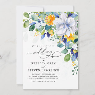 Convite Elegante foto de casamento floral amarelo e azul
