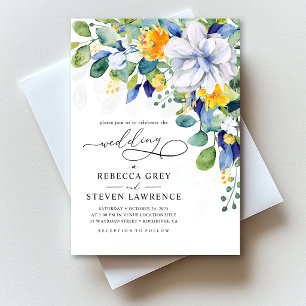 Convite Elegante foto de casamento floral amarelo e azul