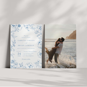 Convite Elegante Foto de Casamento Floral em Jardim com Az