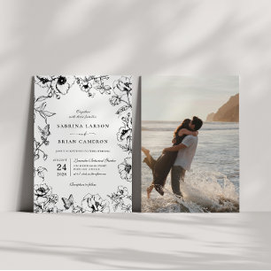Convite Elegante Foto de Casamento Floral Preto e Branco n