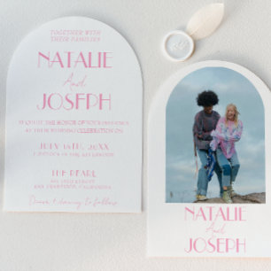 Convite Elegante Foto de Casamento Minimalista Rosa Arquea