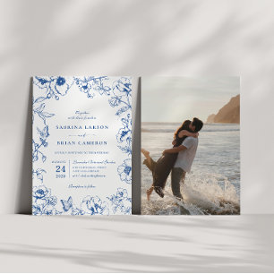 Convite Elegante Foto de Casamento no Jardim Floral Azul R