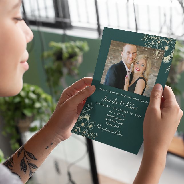 Convite Elegante Foto de Casamento Verde Esmeralda (Criador carregado)