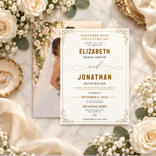 Convite Elegante foto de casamento vintage em ouro com fil