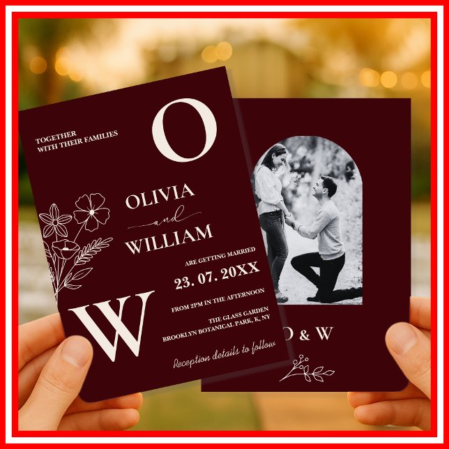Convite Elegante Foto de Noiva Floral Burgundy Formal Ivor (Criador carregado)