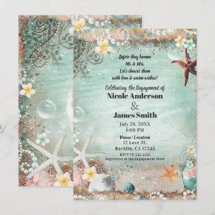 Convite Elegante Foto de Noivado com Estrelas do Mar e Pér