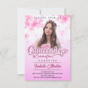 Convite Elegante Foto de Quinceanera Princesa Floral Rosa