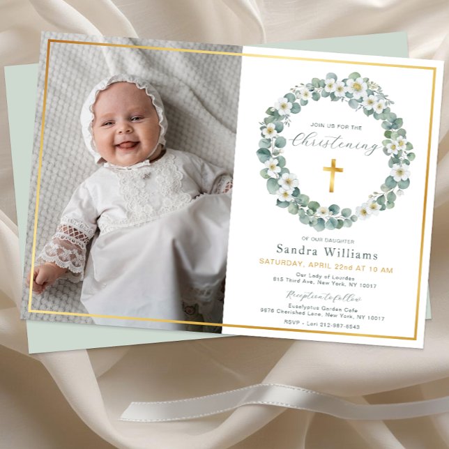 Convite Elegante Foto Eucalyptus Greenery Dourada (Elegant Baptism Invitation)