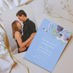 Convite Elegante Foto Floral Azul Aquarela Casamento
