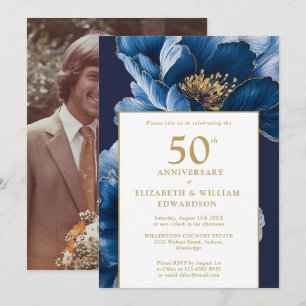 Convite Elegante Foto Floral Azul Moderno de Aniversário d