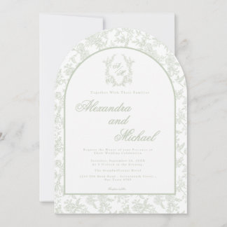 Convite Elegante Foto Floral Monograma Toile Verde Sálvia