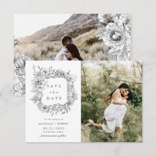 Convite Elegante Foto Floral Preto e Branco Save The Date