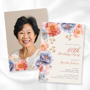 Convite Elegante Foto Floral Rosa Aniversário de 60 anos