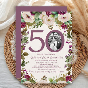 Convite Elegante Foto Floral Roxo Creme de 50º Aniversário