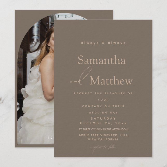 Convite Elegante Foto Marrom Moderno Clássico Casamento (Frente/Verso)